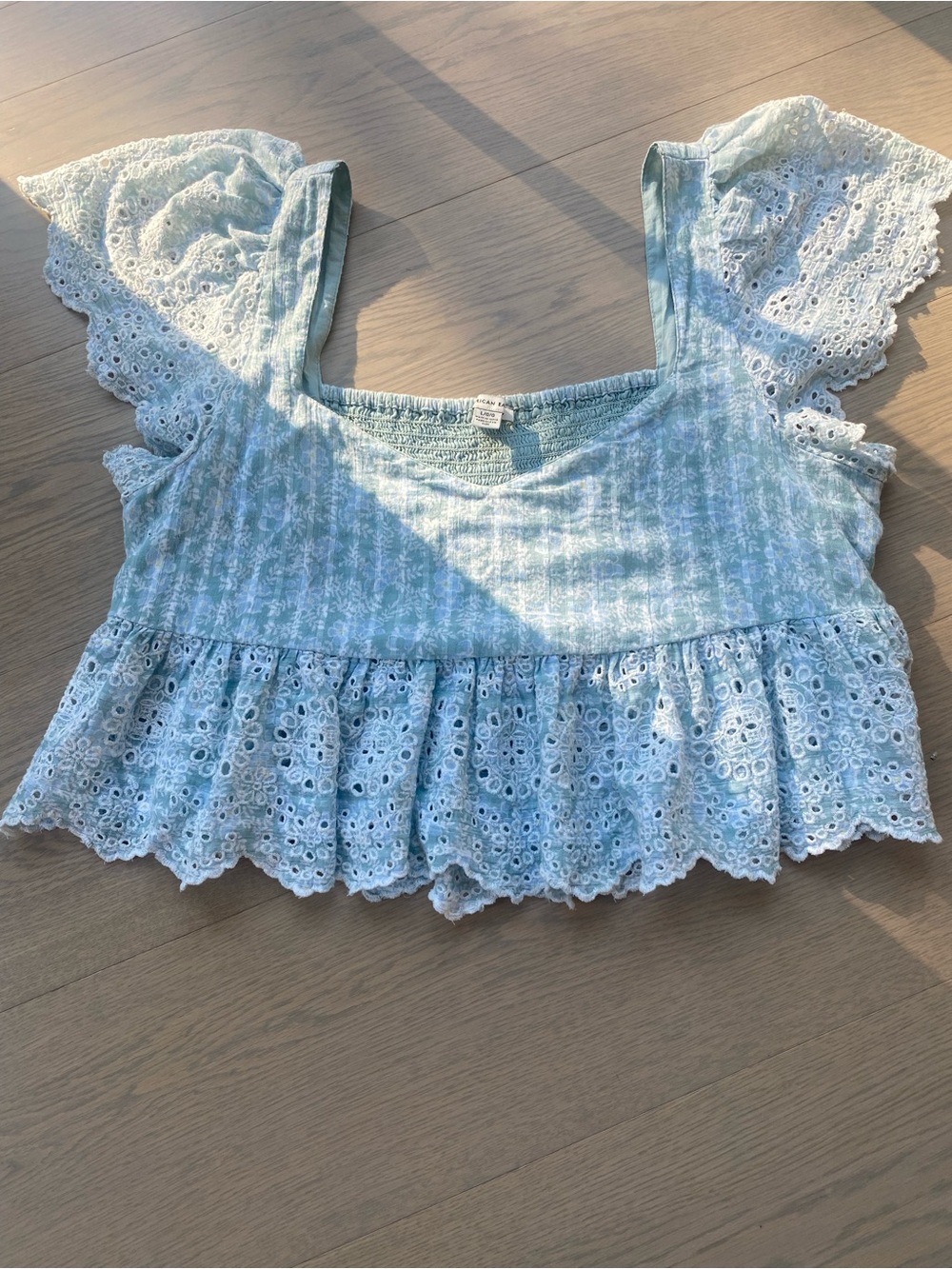 Light Blue Eyelet Lace Flutter Sleeve Crop Top dainty top